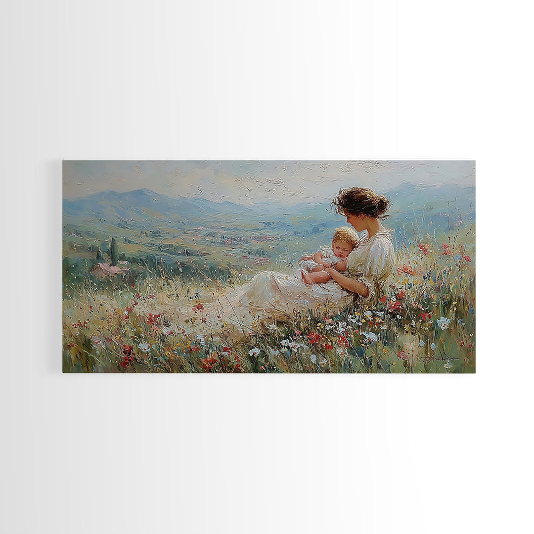 Mother And Infant In Flower Meadow Wall Art, Impressionist Landscape Canvas Print, Feminine Nursery Decor, Gift For Mom, Home Decor