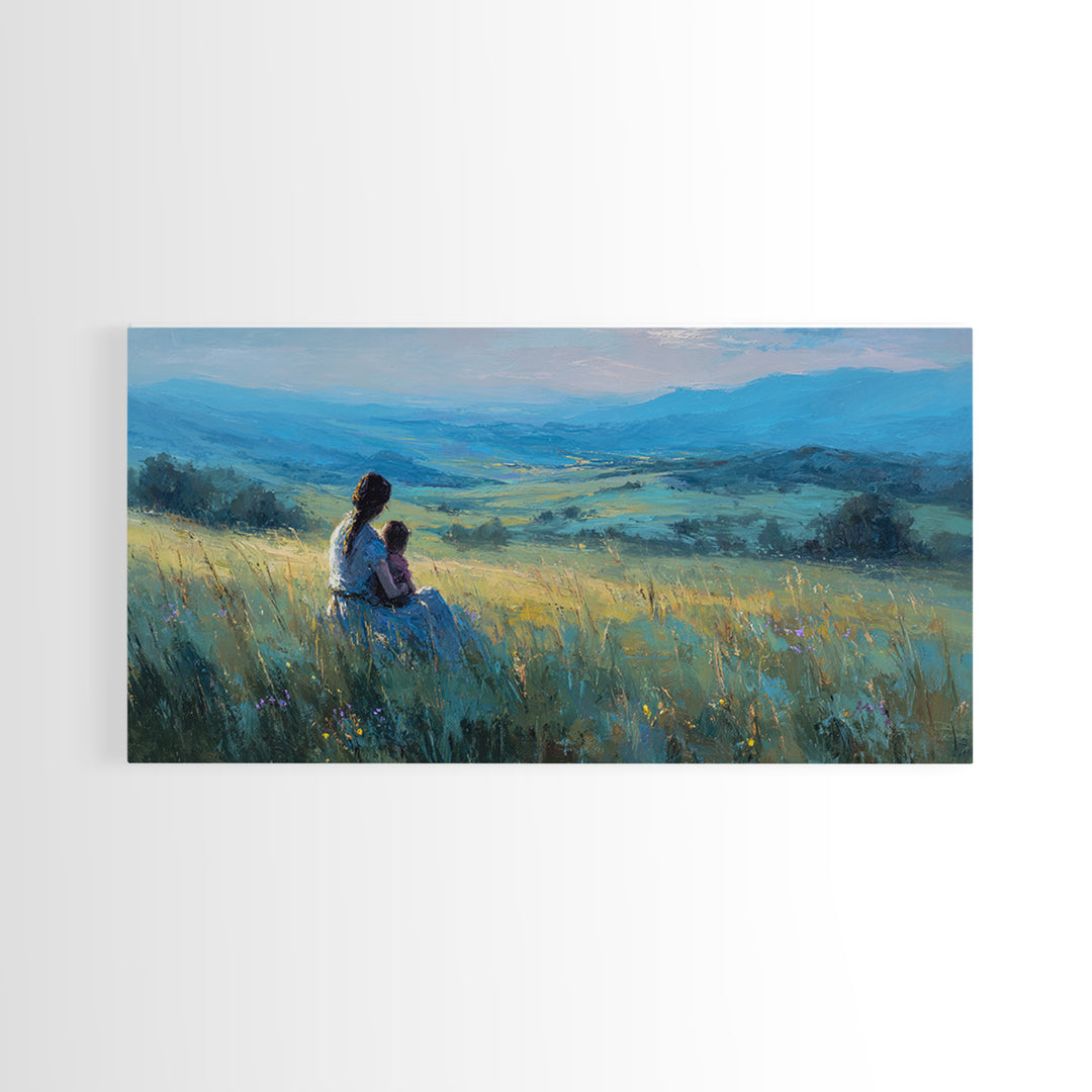 Mother And Child Over Blue Valley Wall Art, Peaceful Landscape Painting, Impressionist Canvas Print, Living Room Decor, Home Decor