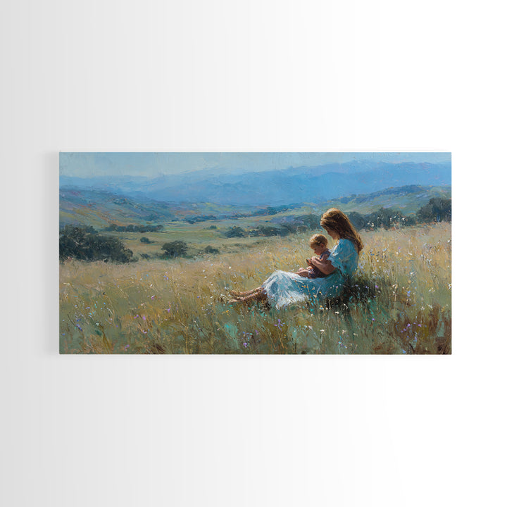 Mother And Baby In Golden Meadow Wall Art, Impressionist Mountain Landscape Canvas Print, Nursery Decor, Housewarming Gift