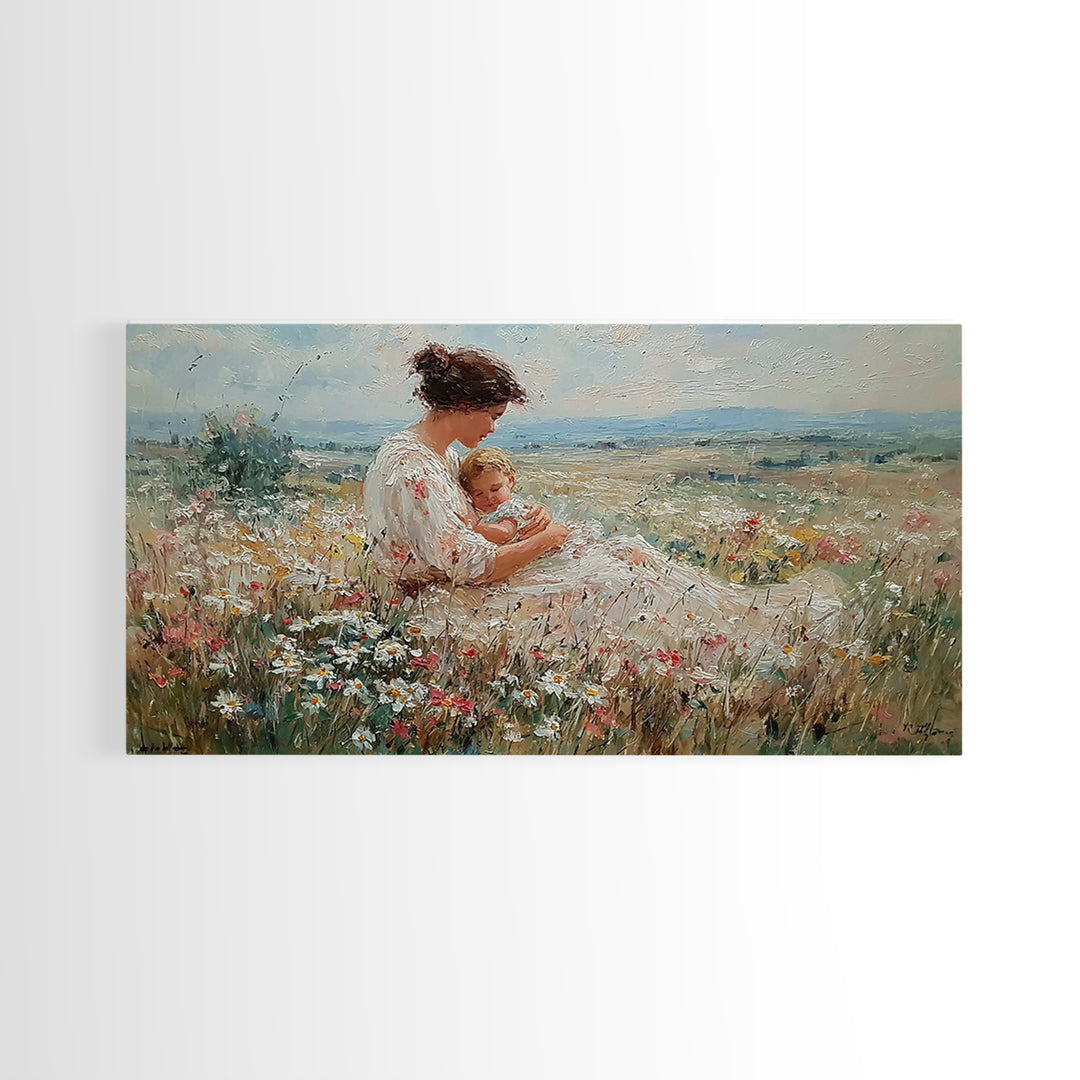 Mother Cuddling Baby In Daisy Meadow Wall Art, Textured Impressionist Canvas Print, Feminine Nursery Decor, Gift For Her