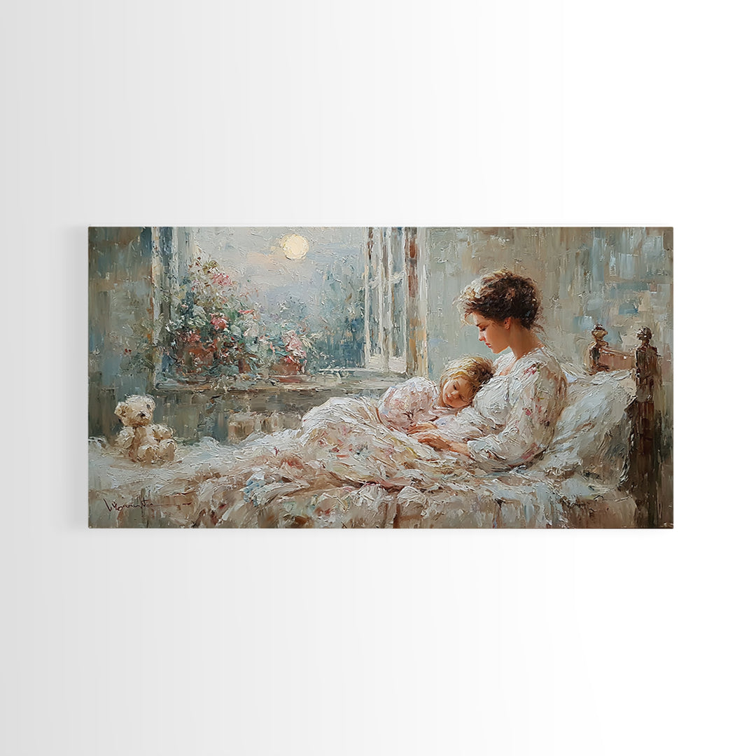 Mother And Child In Moonlit Bedroom Wall Art, Romantic Impressionist Canvas Print, Cozy Nursery Decor, Gift For Mom, Home Decor