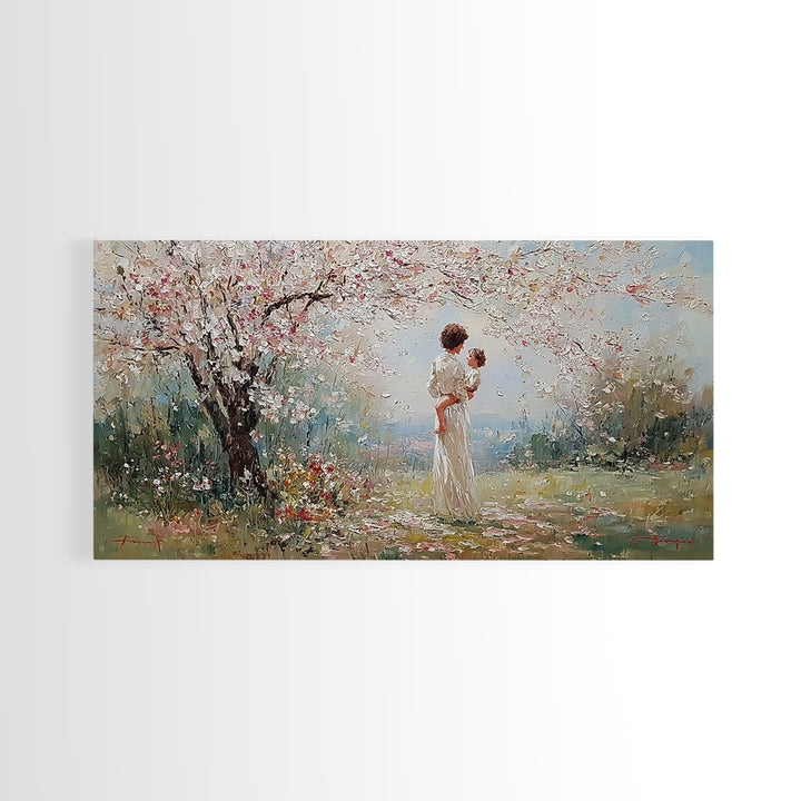 Mother And Baby Under Cherry Blossoms Wall Art, Spring Impressionist Landscape Canvas Print, Pink Floral Decor, Gift For Mom