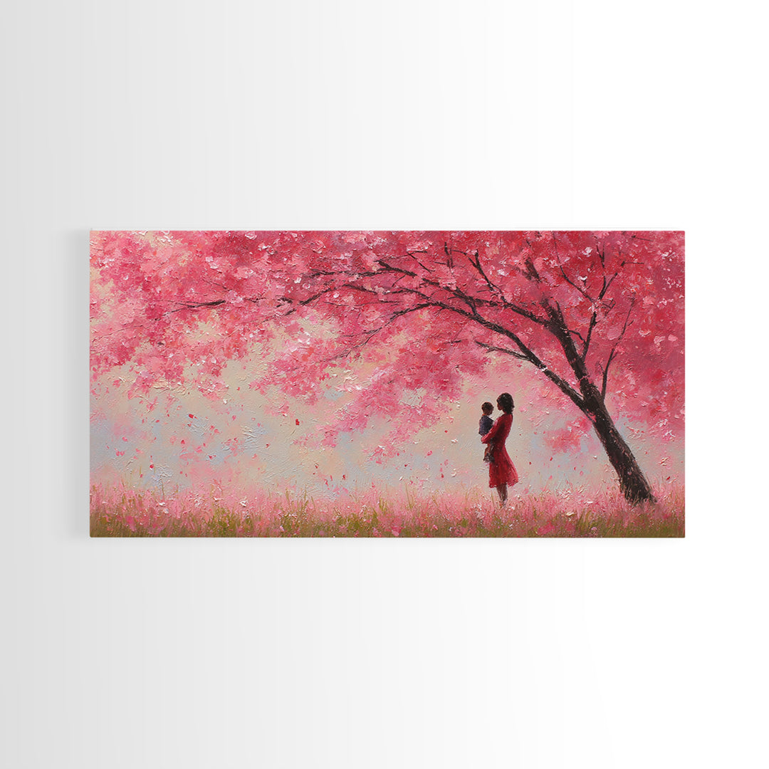 Mother And Baby Beneath Pink Cherry Tree Wall Art, Romantic Spring Landscape Canvas Print, Feminine Decor, Gift For Her, Home Decor