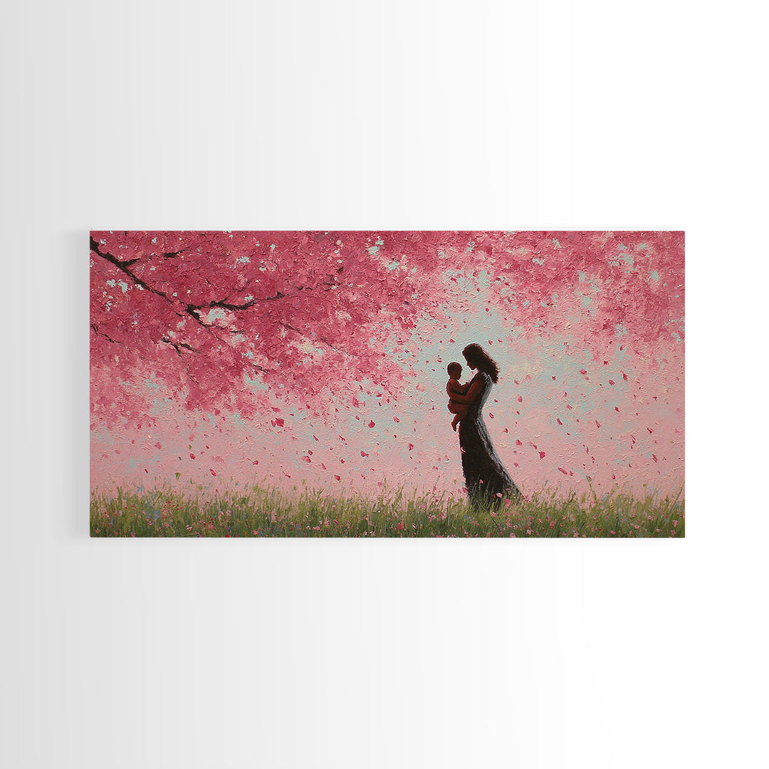 Mother And Child In Pink Blossom Rain Wall Art, Romantic Cherry Blossom Canvas Print, Feminine Bedroom Decor, Gift For Mom