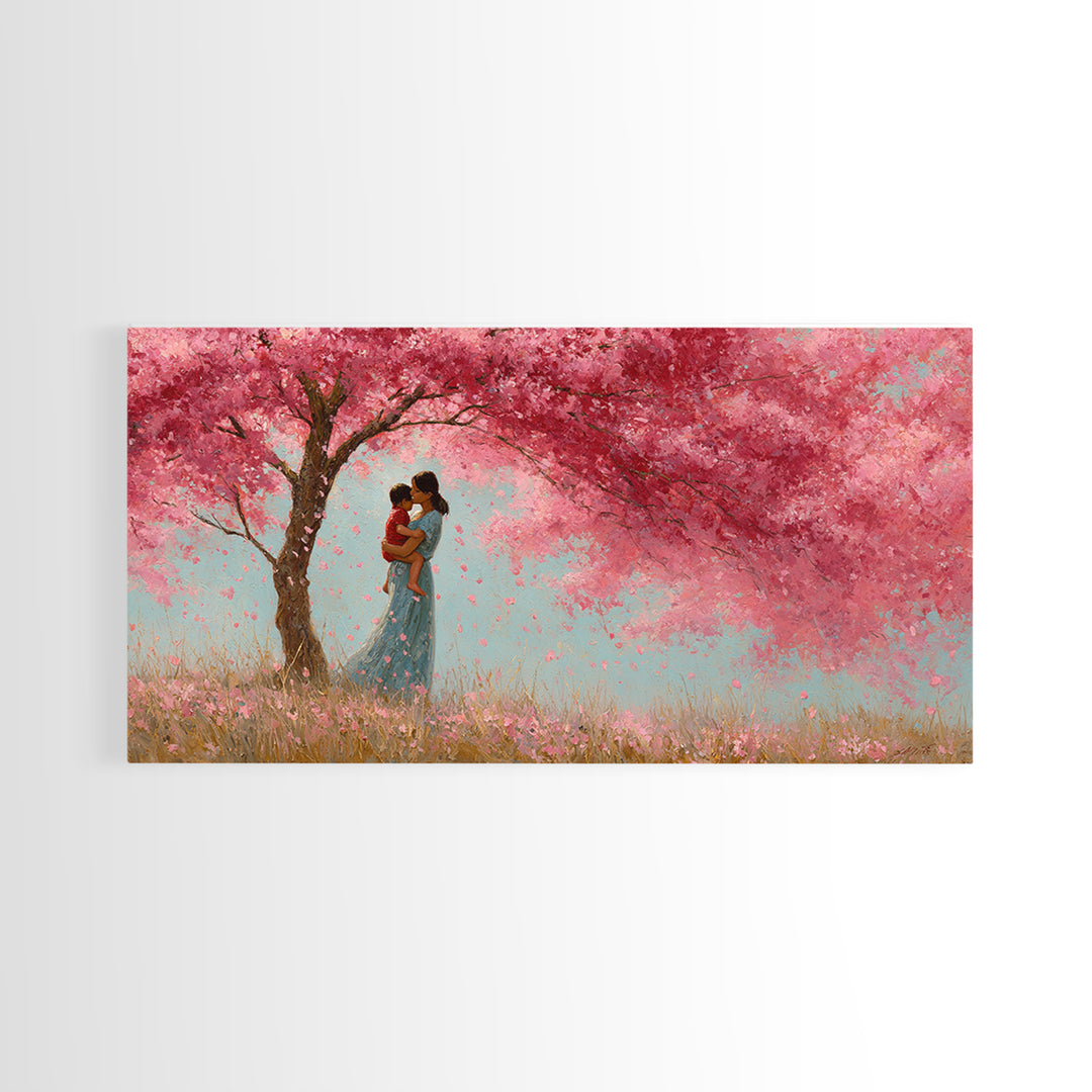 Black Mother And Baby Under Pink Blossoms Wall Art, Angelic Nursery Decor, Feminine Bedroom Print, Gift For Mom, Living Room Decor