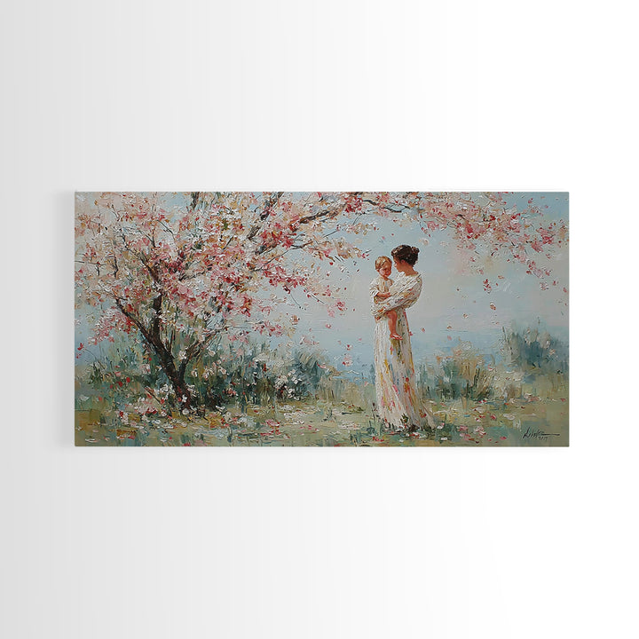 Impressionist Mother Holding Baby Framed Canvas Print, Cherry Blossom Nursery Wall Art, Spring Home Decor, Gift For Her, Mom