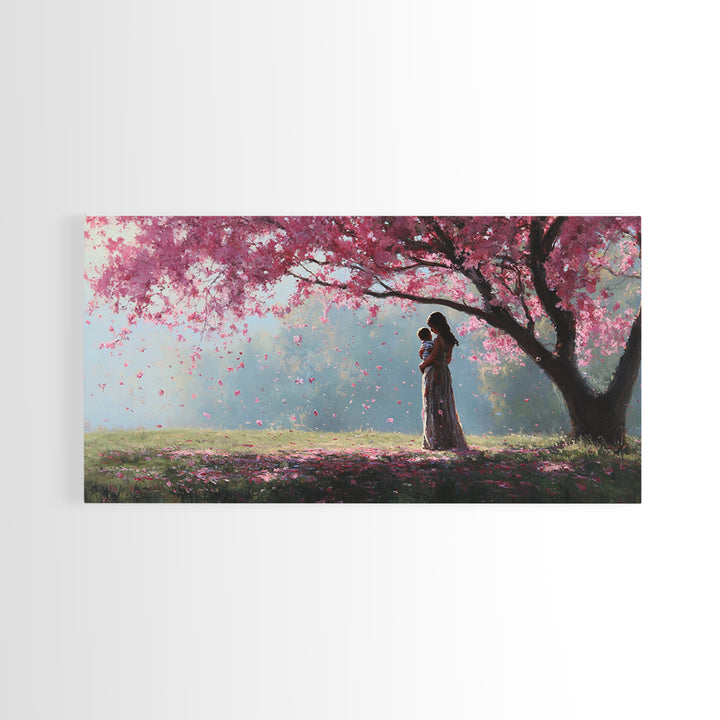 Mother And Child Beneath Pink Cherry Tree Canvas Print, Angelic Wall Art, Nursery Decor, Romantic Bedroom Art, Gift For Mom