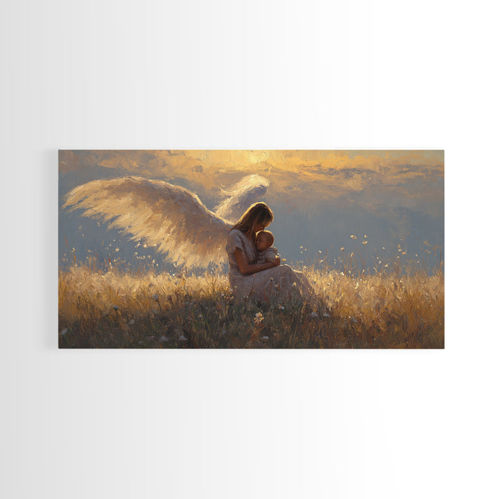 Golden Angel Mother Cuddling Baby Wall Art, Spiritual Canvas Print, Christian Nursery Decor, Calming Bedroom Art, Gift For Mom