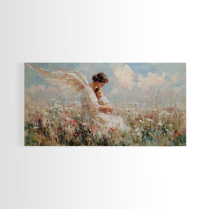 Angel Mother Nursing Baby In Wildflower Meadow Framed Canvas Print, Christian Wall Art, Nursery Decor, Gift For New Mom, Baby Shower Gift