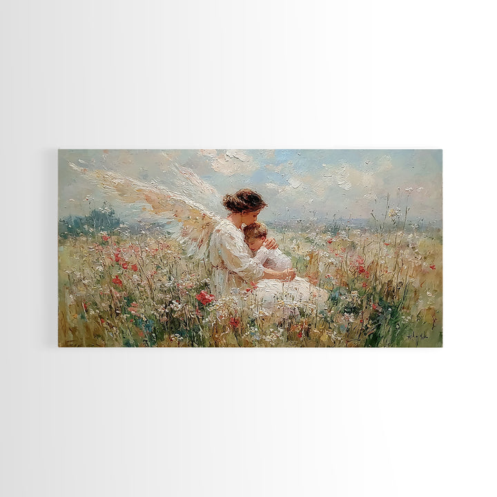 Angel Mother And Sleeping Baby In Meadow Canvas Print, Christian Wall Art, Wildflower Nursery Decor, Baby Shower Gift For New Mom