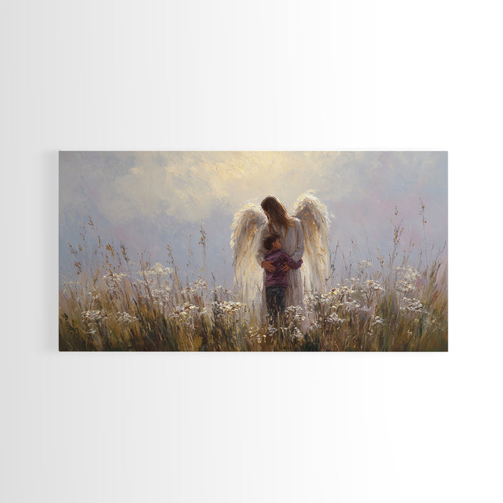 Guardian Angel Embracing Young Boy Wall Art, Christian Framed Canvas Print, Spiritual Nursery Decor, Sympathy Gift For Him
