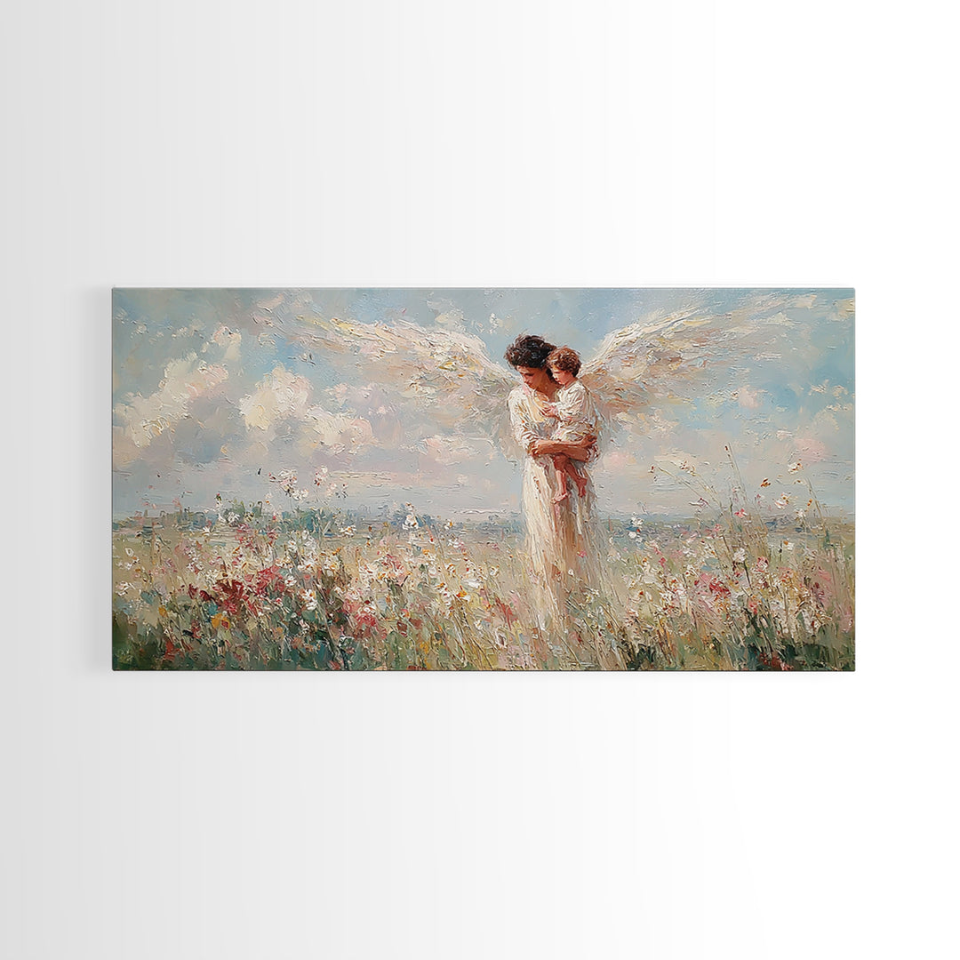 Angel Mother Holding Baby In Flower Meadow Canvas Print, Christian Wall Art, Heavenly Nursery Decor, Baby Shower Gift For New Mom