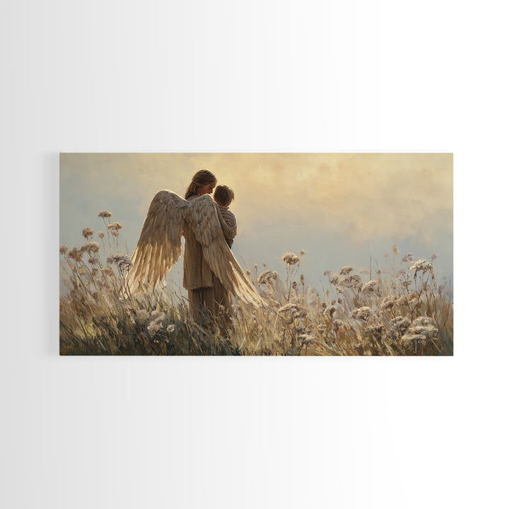 Guardian Angel And Child In Golden Meadow Framed Canvas Print, Christian Wall Art, Nursery Decor, Housewarming Gift, Above Bed Art