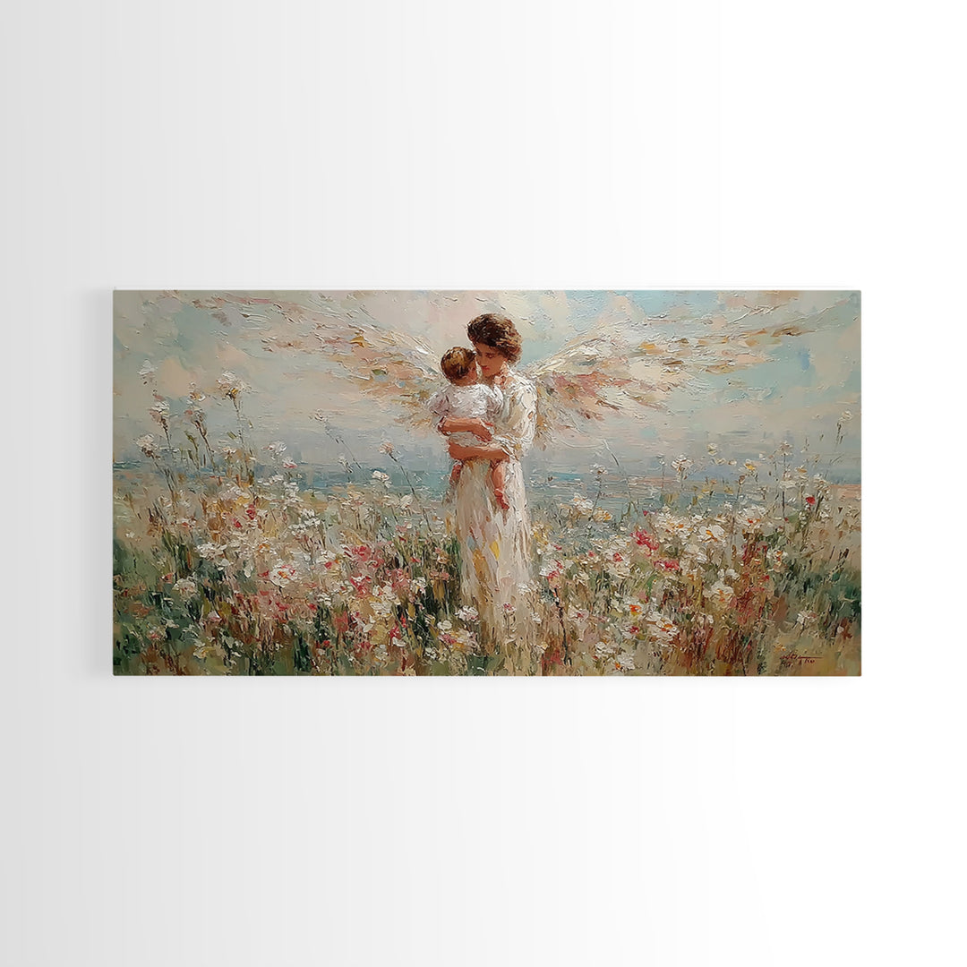 Angel Mother Holding Baby In Wildflower Meadow Canvas Print, Christian Wall Art, Floral Wall Art, Nursery Decor, Gift For Her