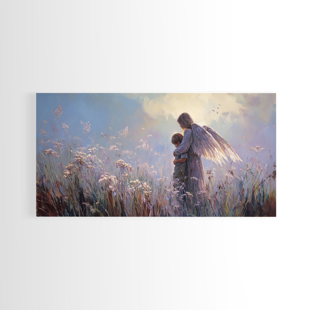 Luminous Guardian Angel With Child In Blue Meadow Canvas Print, Christian Wall Art, Nursery Wall Art, Calming Bedroom Decor