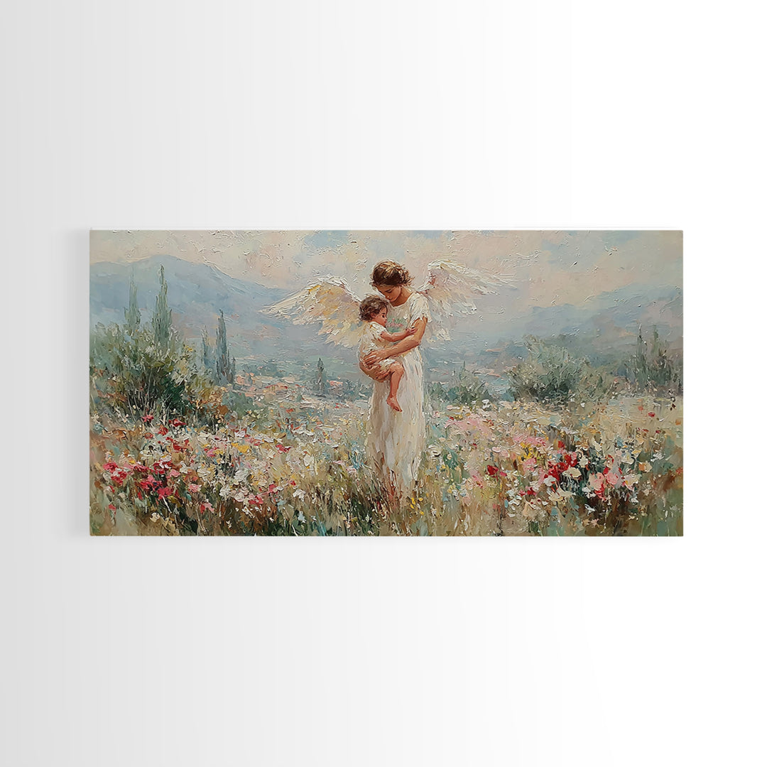 Angel And Baby In Mountain Wildflower Valley Framed Canvas Print, Christian Wall Art, Floral Wall Art, Living Room Decor