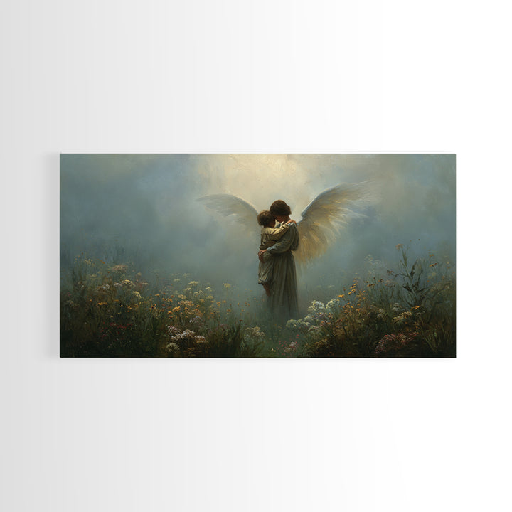 Moody Guardian Angel Embracing Child In Misty Garden Wall Art, Christian Wall Decor, Dark Academia, Housewarming Gift, Bedroom Wall Decor