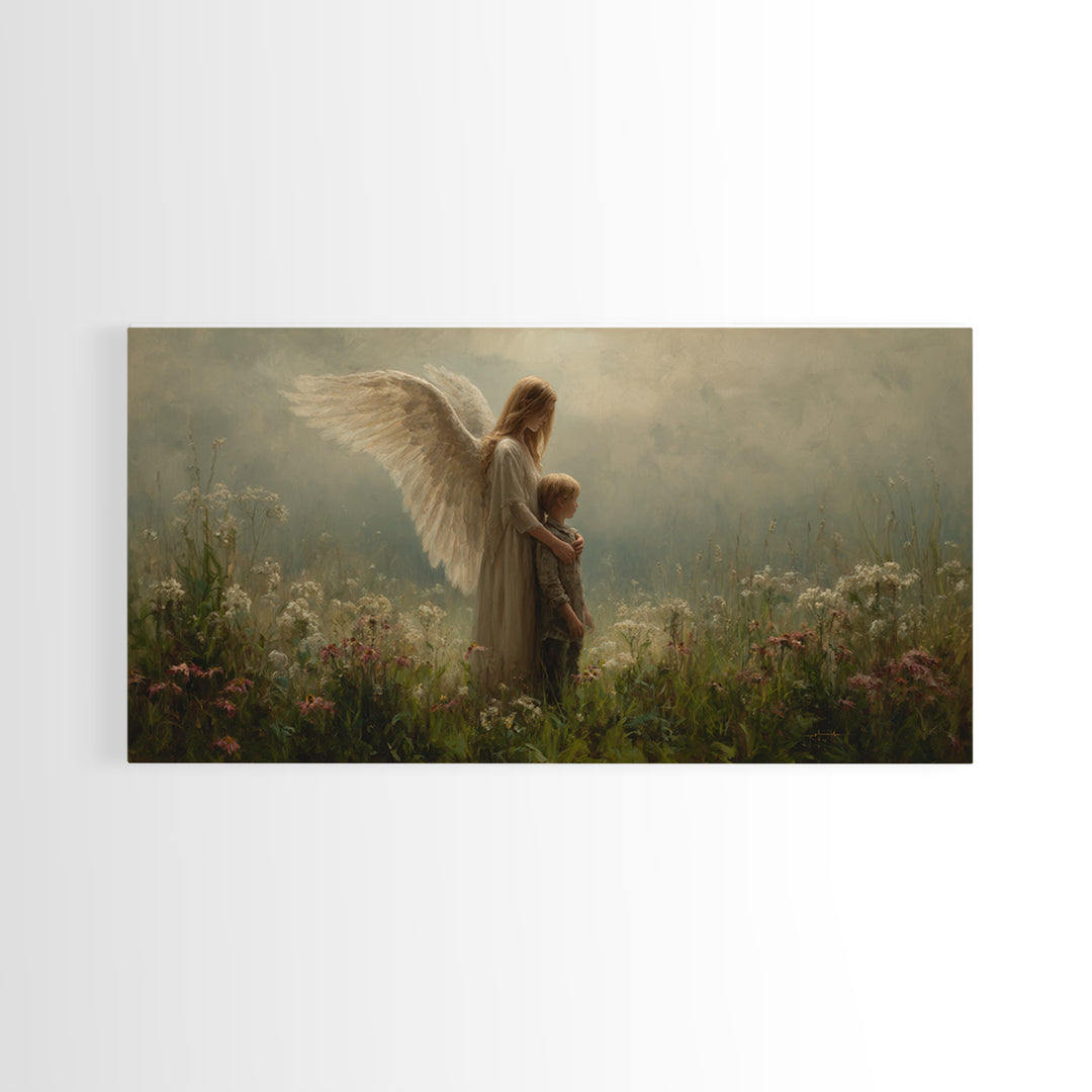 Soft Winged Angel And Child In Misty Meadow Canvas Print, Christian Wall Art, Neutral Wall Art, Nursery Decor, Gift For Mom