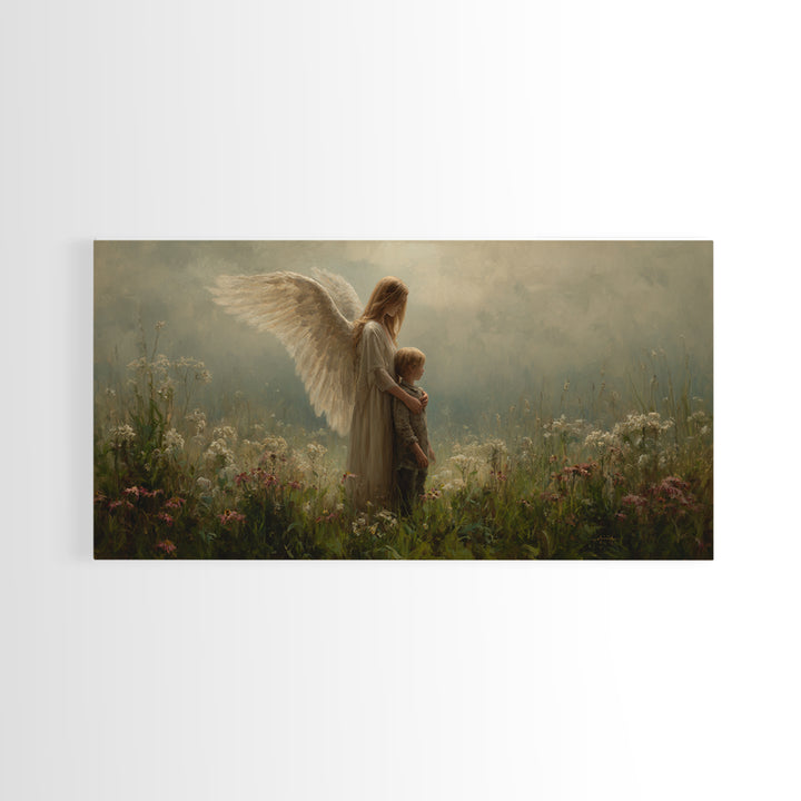 Soft Winged Angel And Child In Misty Meadow Canvas Print, Christian Wall Art, Neutral Wall Art, Nursery Decor, Gift For Mom