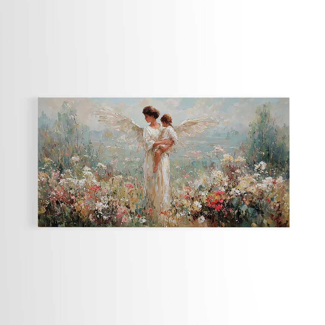 Angel Mother Holding Baby In Blooming Garden Framed Canvas Print, Christian Wall Art, Floral Wall Art, Nursery Decor, Gift For Her