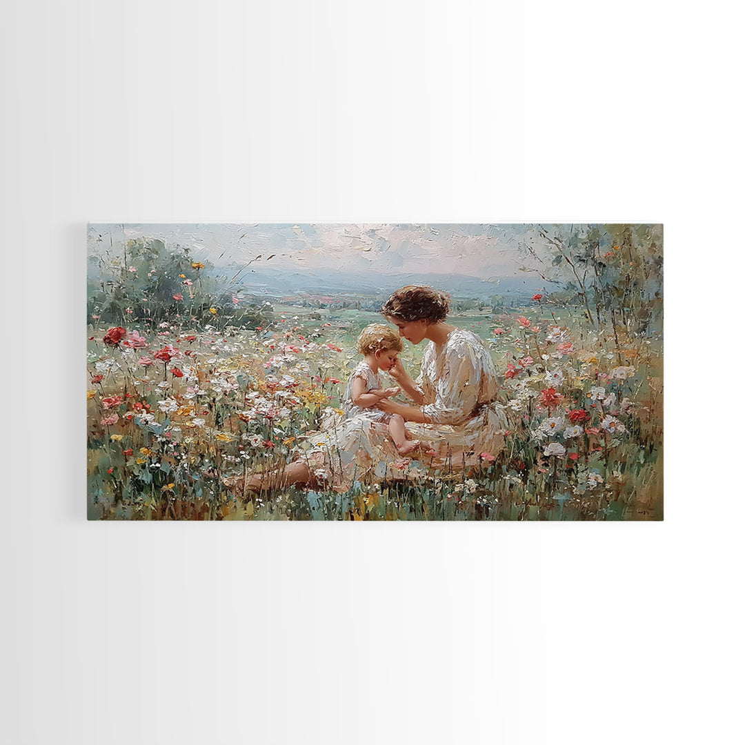Mother And Baby In Flower Meadow Impressionist Canvas Print, Floral Wall Art, Christian Wall Art, Living Room Decor, Gift For Mom