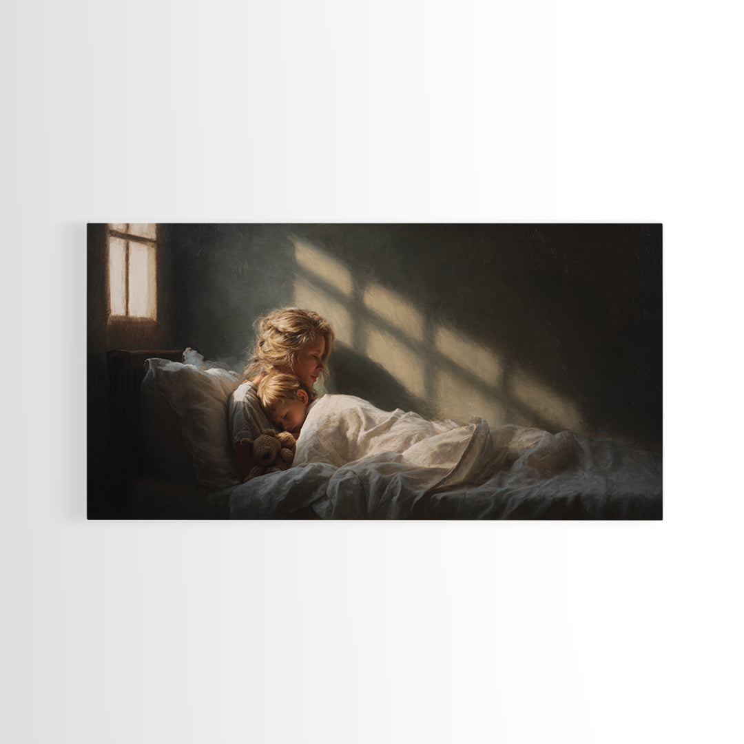 Children Sleeping With Teddy In Sunlit Bedroom Wall Art, Cozy Bedroom Decor, Dark Academia, Nursery Art, Housewarming Gift