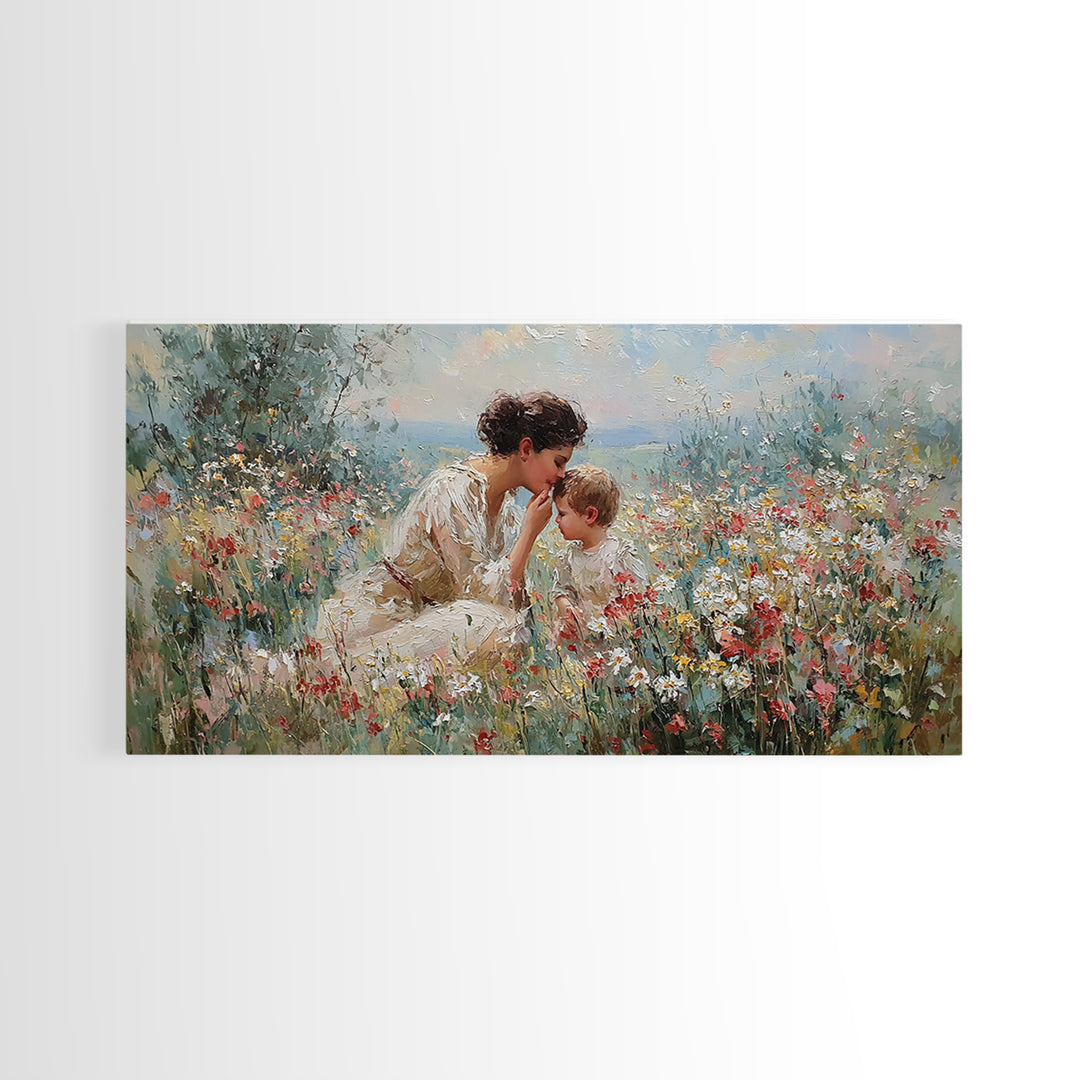 Mother And Child In Wildflower Garden Framed Canvas Print, Floral Wall Art, Christian Wall Art, Living Room Decor, Gift For Her