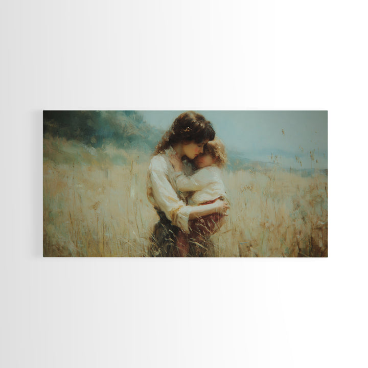 Tender Mother And Child Embrace In Golden Meadow Wall Art, Moody Impressionist Oil Painting, Neutral Bedroom Decor, Gift For Mom