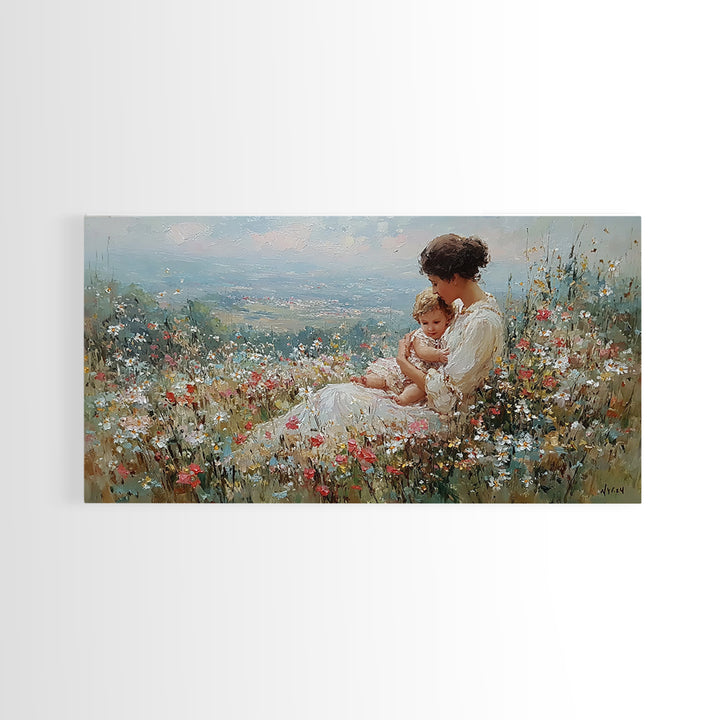 Mother Holding Baby In Wildflower Meadow Canvas Print, Impressionist Floral Landscape, Nursery Wall Art, Housewarming Gift
