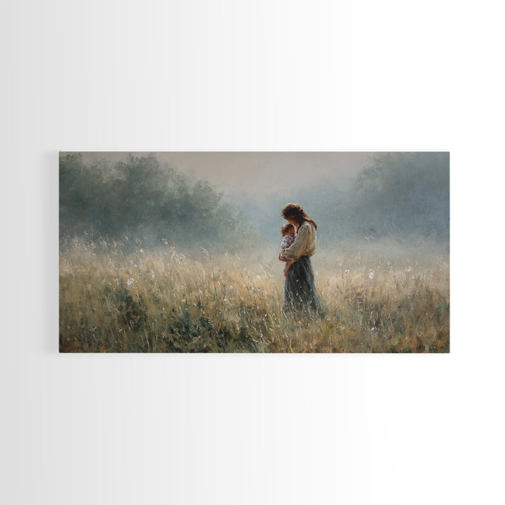 Mother And Child Standing In Misty Meadow Framed Canvas Print, Serene Landscape Painting, Neutral Wall Art, Calming Decor