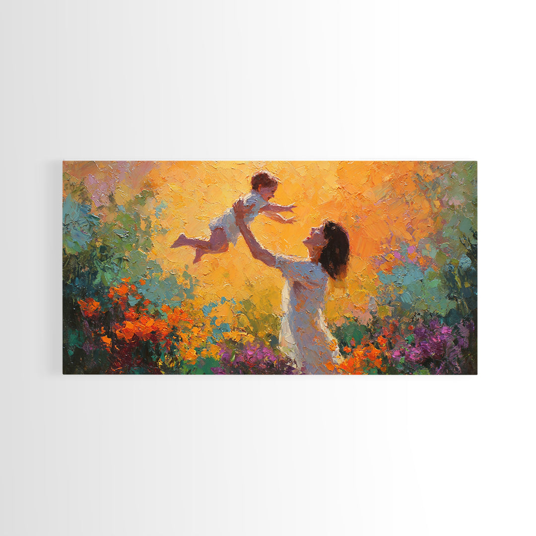 Mother Lifting Child In Glowing Sunset Garden Canvas Print, Colorful Impressionist Painting, Joyful Family Wall Art, Gift For Mom