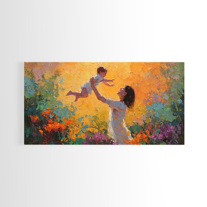 Mother Lifting Child In Glowing Sunset Garden Canvas Print, Colorful Impressionist Painting, Joyful Family Wall Art, Gift For Mom