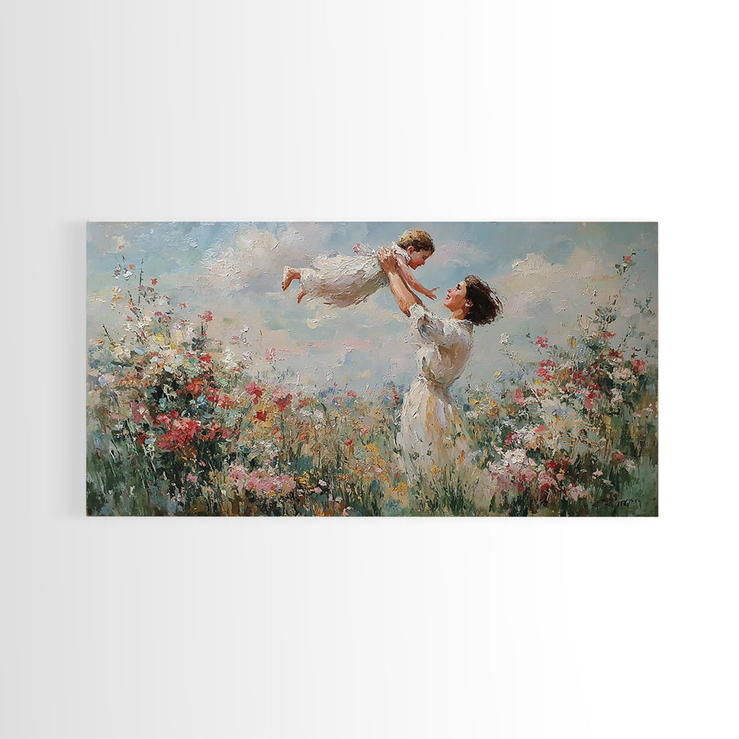 Mother Lifting Daughter Above Wildflower Garden Framed Canvas Print, Impressionist Floral Wall Art, Nursery Decor, Gift For Her