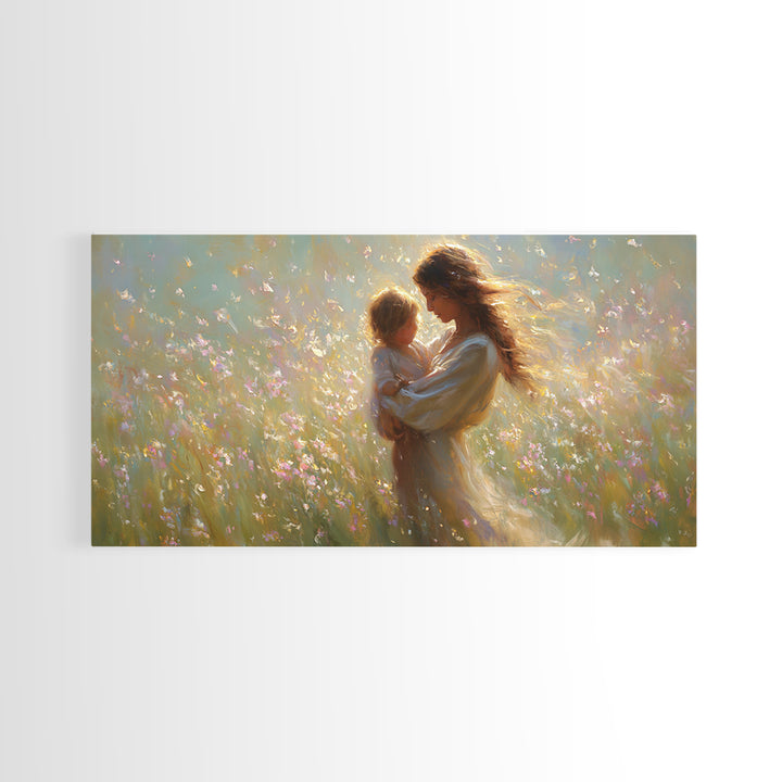 Sunlit Mother And Child In Wildflower Meadow Wall Art, Impressionist Meadow Canvas, Feminine Bedroom Decor, Gift For Mom
