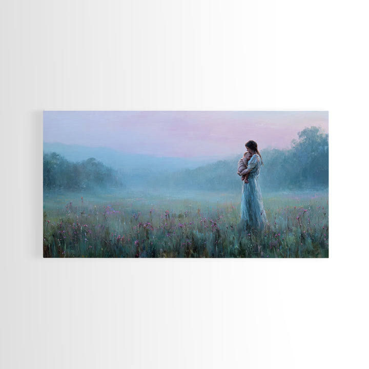 Misty Mother And Baby Meadow Wall Art, Moody Blue Landscape Canvas Print, Calming Bedroom Nursery Decor, Gift For Mom And Her