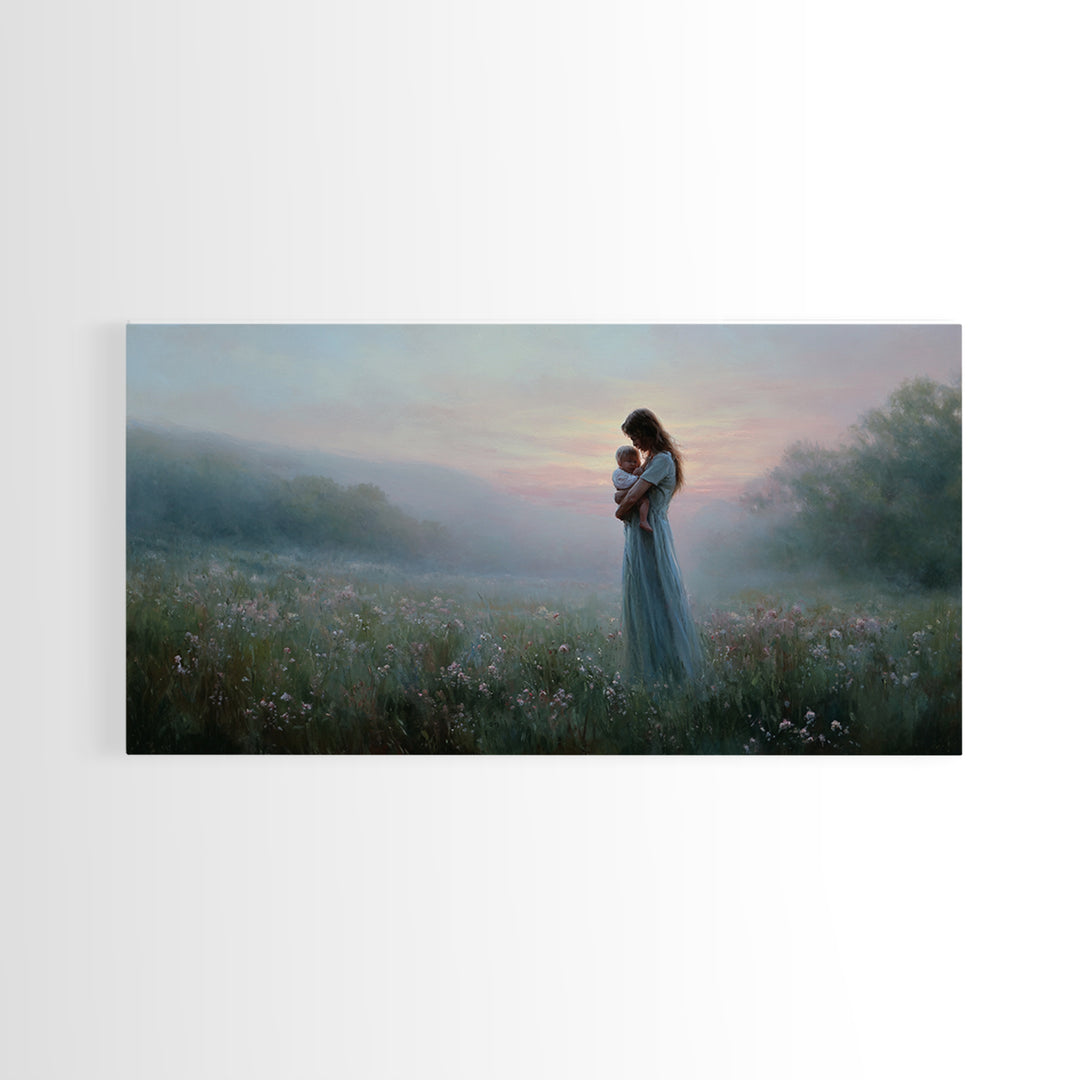 Misty Mother And Baby Meadow Wall Art, Impressionist Wildflower Landscape Print, Serene Nursery Decor, Gift For Mom, Home Decor