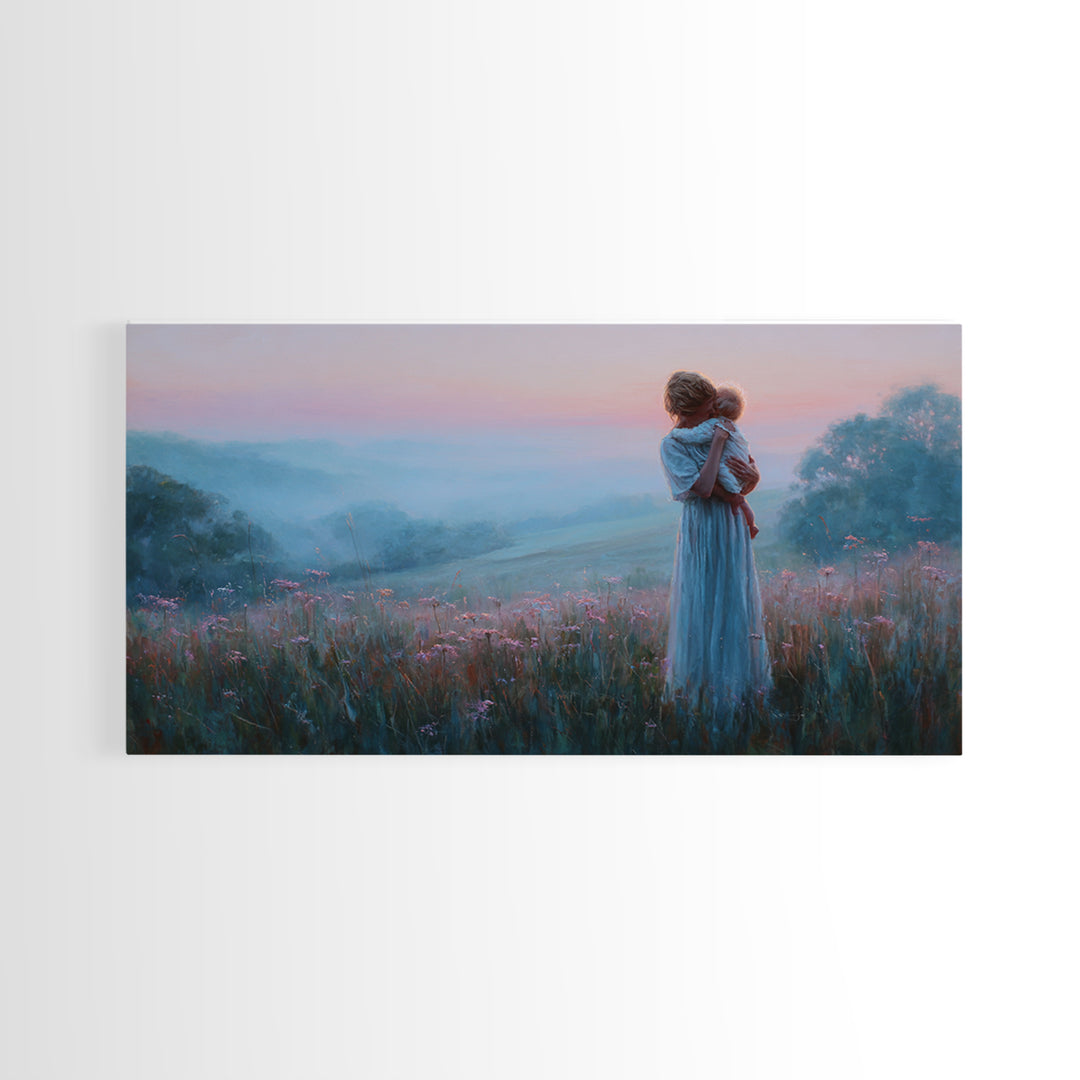 Mother Holding Baby At Pink Dusk Canvas Print, Misty Wildflower Meadow Wall Art, Nursery Decor, Gift For Mom, Serene Bedroom Decor