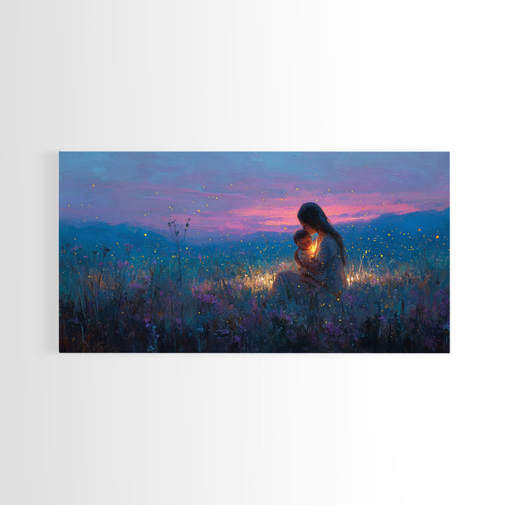 Moonlit Mother And Baby Firefly Wall Art, Celestial Wildflower Meadow Canvas Print, Magical Nursery Decor, Gift For Mom, Home Decor