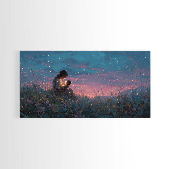 Starlit Mother Nursing Baby Meadow Wall Art, Firefly Night Landscape Canvas Print, Celestial Nursery Decor, Gift For Mom