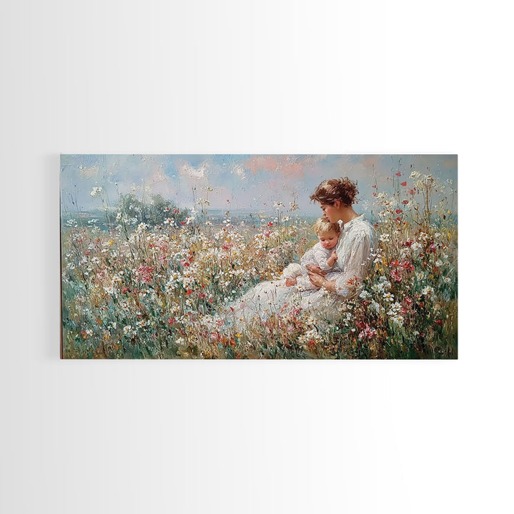 Mother And Baby In Coastal Wildflower Meadow Wall Art, Impressionist Framed Canvas Print, Nursery Decor, Gift For Mom, Home Decor