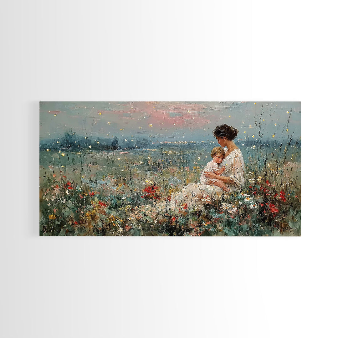 Golden Firefly Mother And Baby Meadow Canvas Print, Serene Lakeside Wall Art, Impressionist Nursery Decor, Gift For Mom, Home Decor