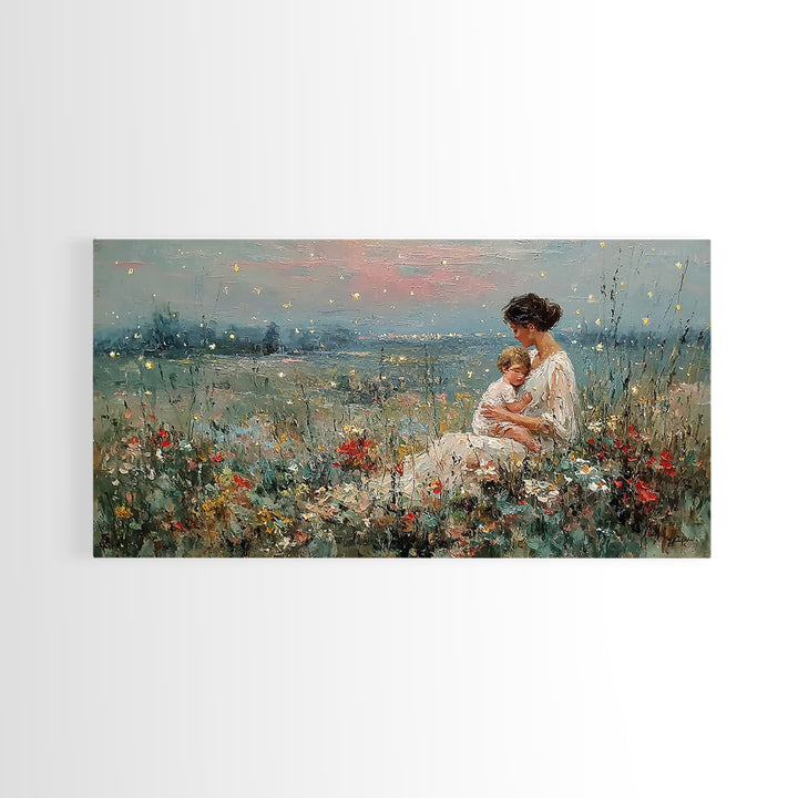 Golden Firefly Mother And Baby Meadow Canvas Print, Serene Lakeside Wall Art, Impressionist Nursery Decor, Gift For Mom, Home Decor
