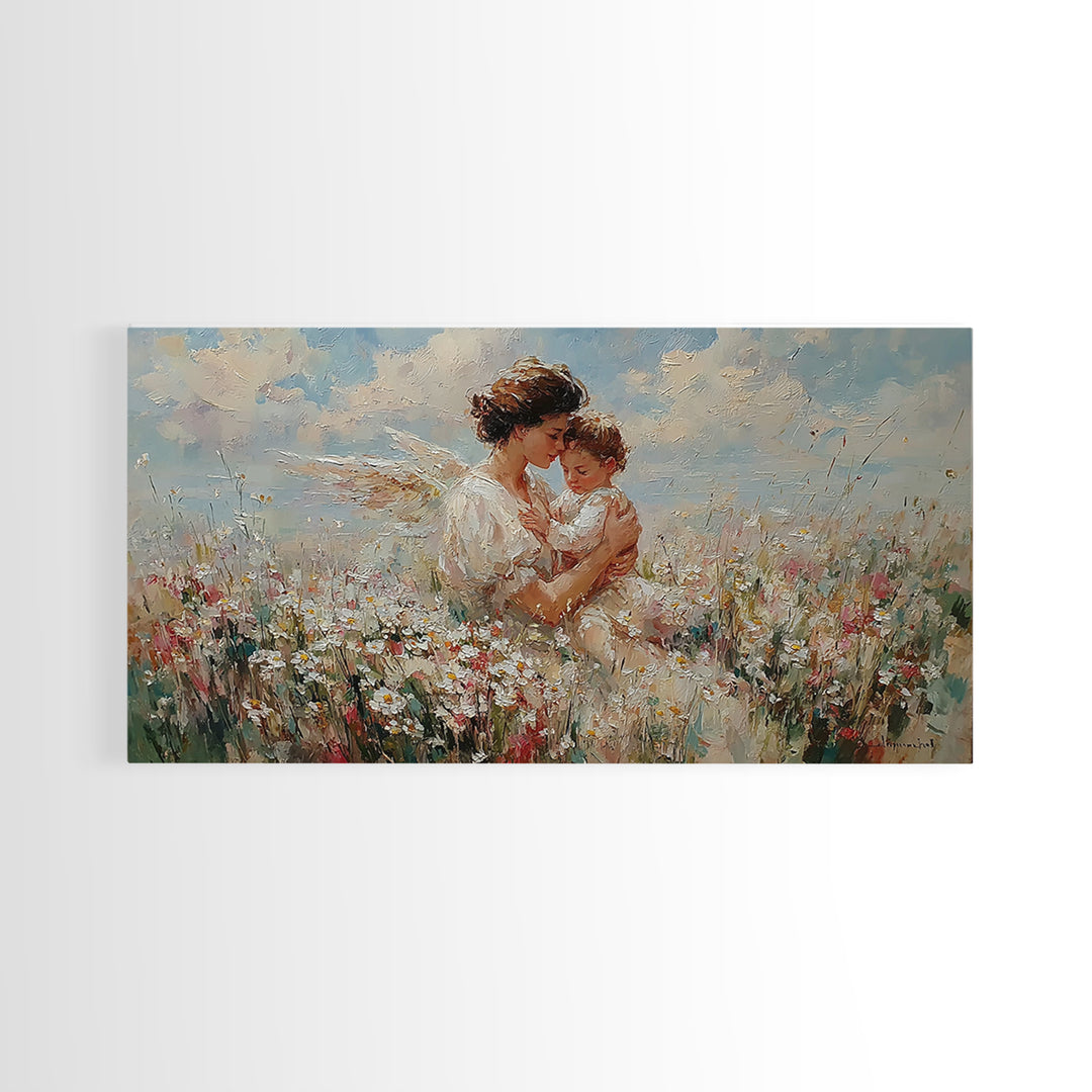 Mother Embracing Child In Daisy Meadow Framed Canvas Print, Impressionist Floral Wall Art, Nursery Decor, Gift For Mom, Home Decor