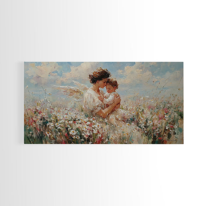 Mother Embracing Child In Daisy Meadow Framed Canvas Print, Impressionist Floral Wall Art, Nursery Decor, Gift For Mom, Home Decor
