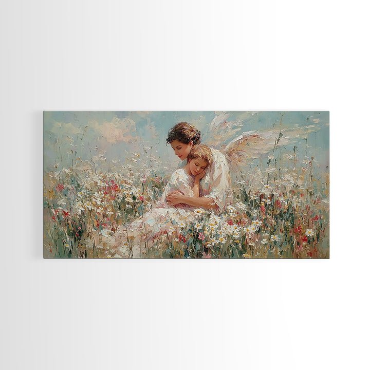 Guardian Angel And Child In Wildflower Meadow Framed Canvas Print, Christian Nursery Wall Art, Motherhood Gift Home Decor