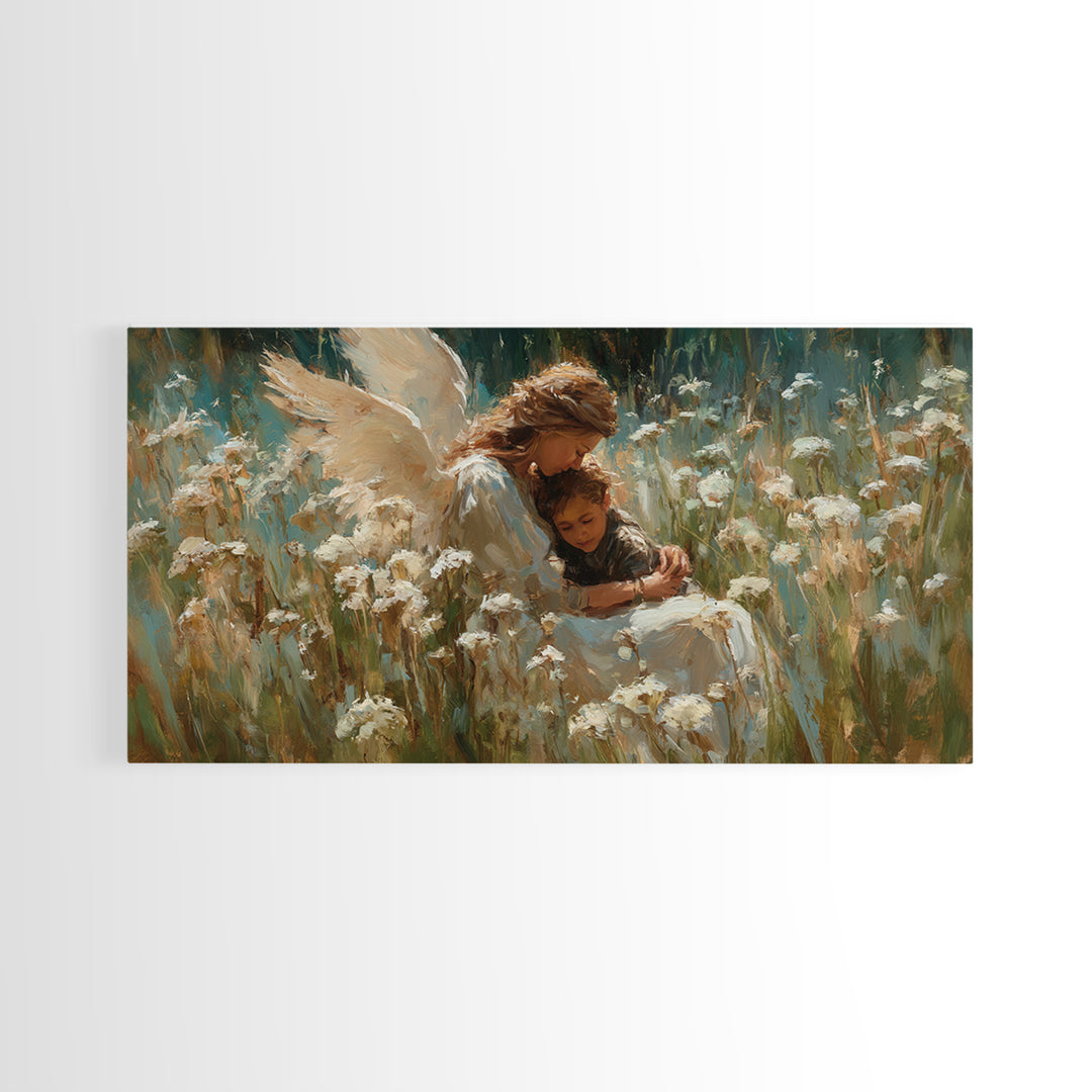 Protective Angel Embracing Child In White Flower Field Framed Canvas Print, Christian Wall Art, Nursery Decor Housewarming Gift