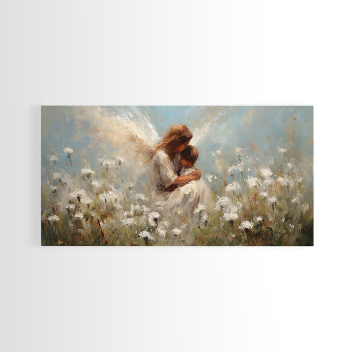 Tender Angel Holding Baby In White Wildflower Meadow Canvas Print, Christian Wall Art, Nursery Home Decor, Motherhood Gift