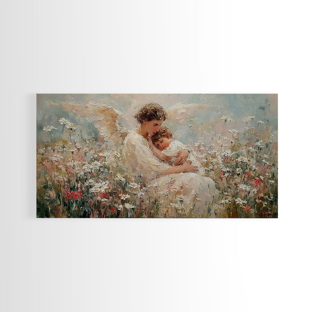 Seated Guardian Angel Cradling Sleeping Baby In Floral Meadow Wall Art, Christian Nursery Decor, Motherhood Gift For Her