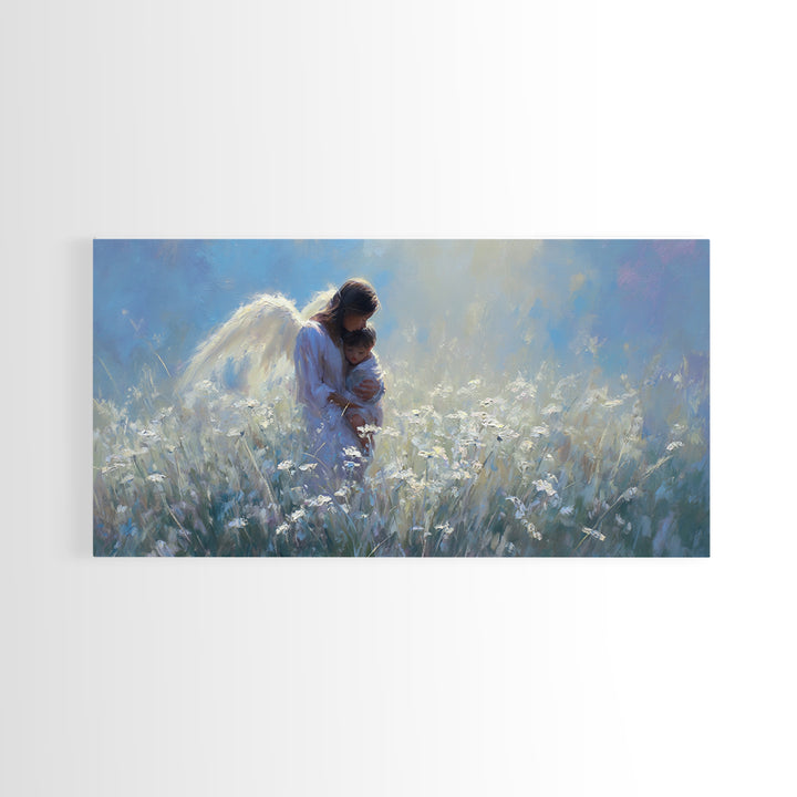 Angel Mother Holding Child In Moonlit White Meadow Framed Canvas Print, Christian Wall Art, Calming Nursery Home Decor Gift