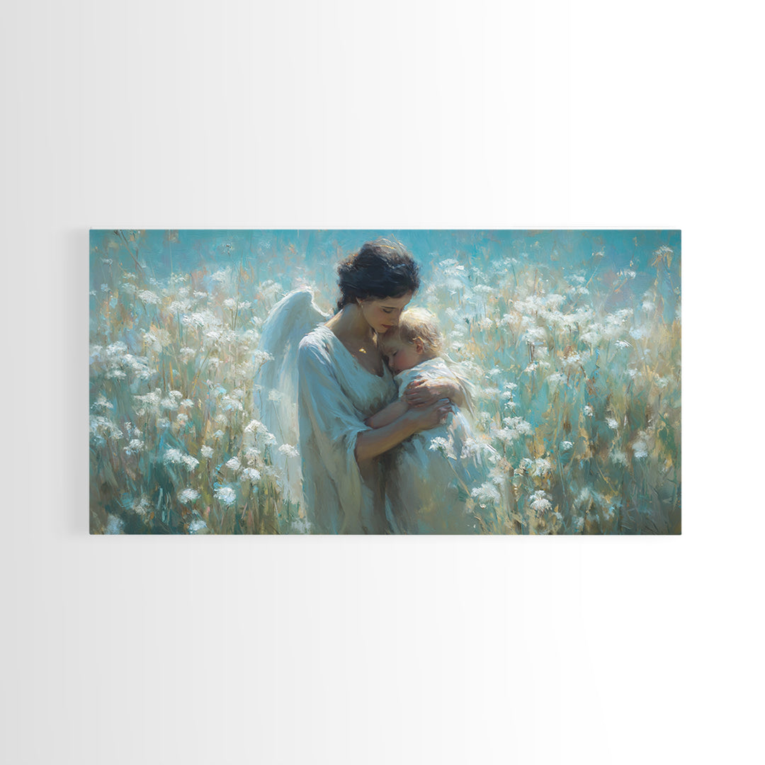 Serene Angel Cradling Blonde Baby In Blue Wildflower Field Framed Canvas Print, Christian Wall Art, Nursery Home Decor Gift